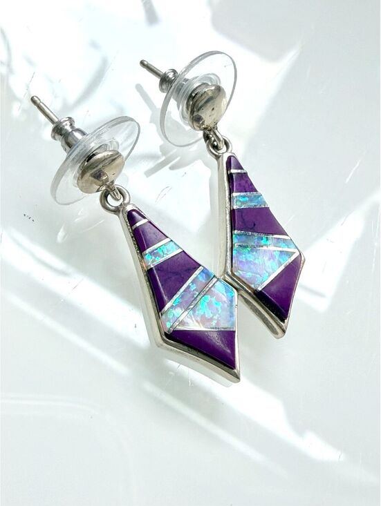 Sterling Jewelry - VTG 925 Sterling Sugilite Opal Zuni Style Inlay Earrings